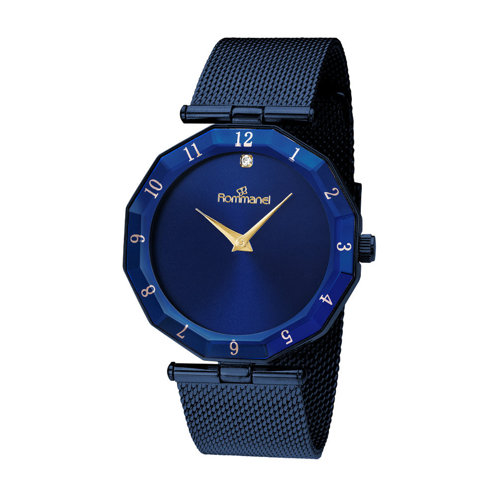 Relógio Analógico Rommanel Azul com Caixa Geométrica de Metal – Pulseira Aço Mesh e Cristal