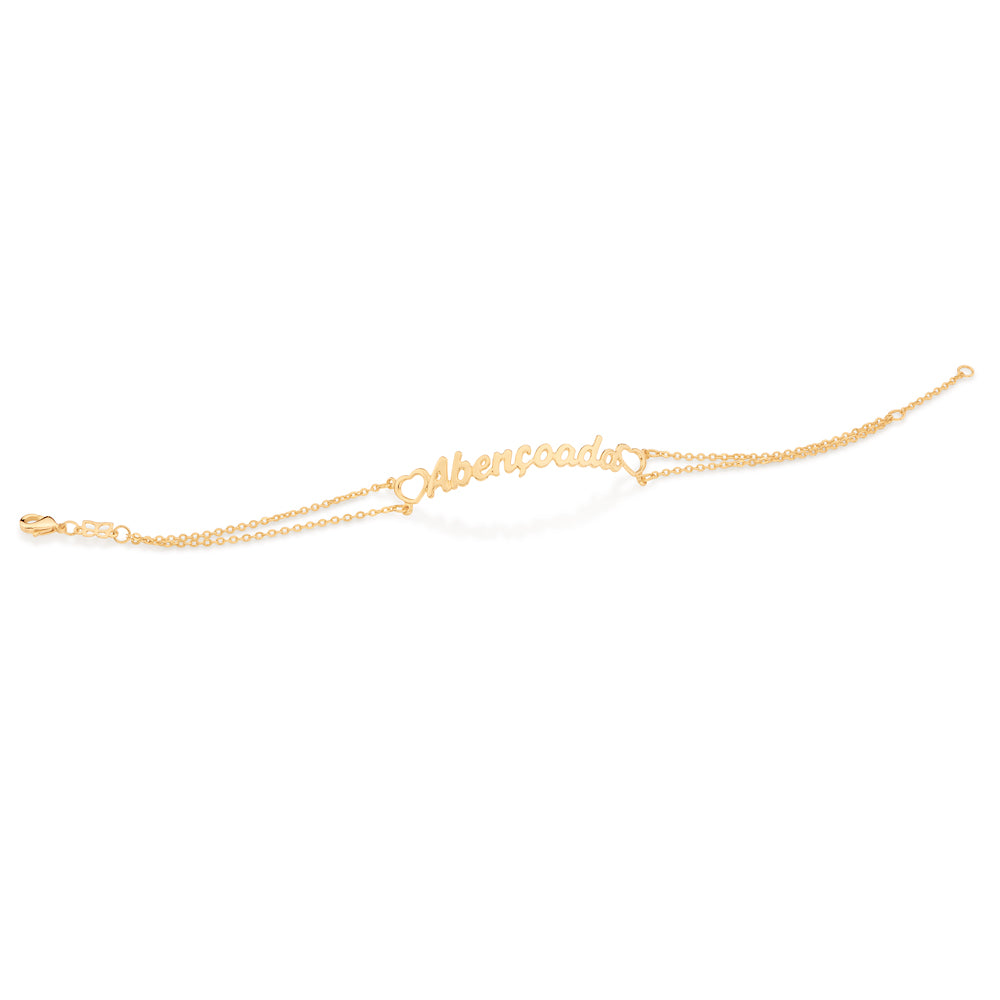 Pulseira Rommanel Elo Cadeado Laminado com Pingente "Abençoada" e Corações – Ajustável 18 a 20 cm