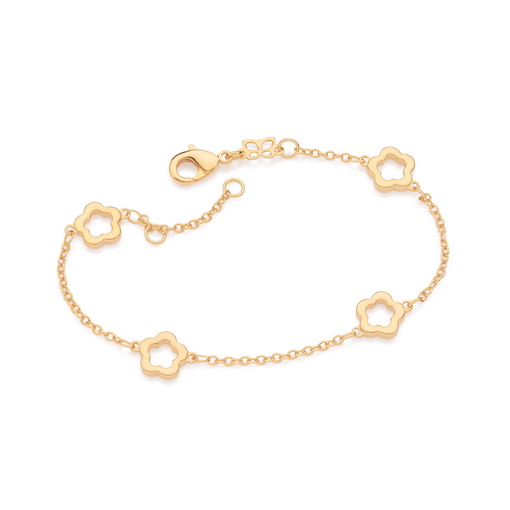 Pulseira Rommanel com Corrente Elo Cadeado e 4 Flores Vazadas – Design Delicado e Ajustável