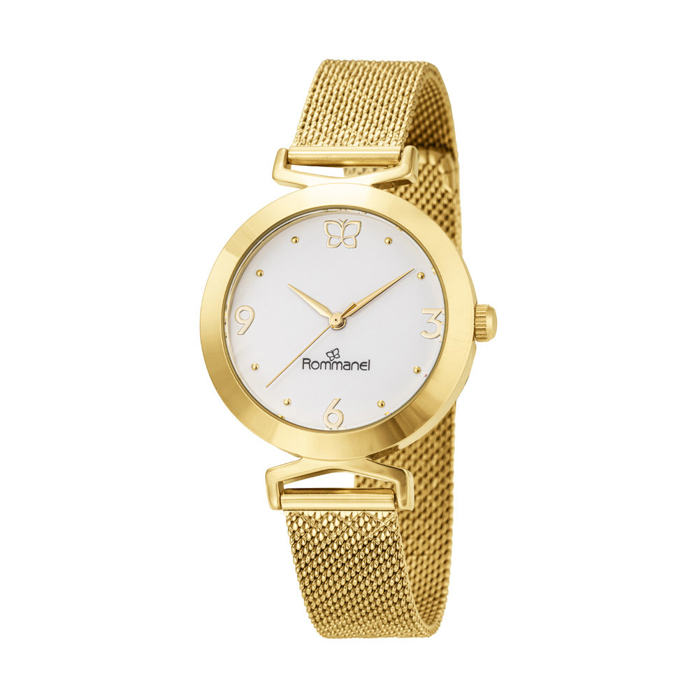 Relógio Analógico Social Dourado Rommanel com Borboleta, Pulseira de Aço e Vidro Mineral – Resistente à Água 50m