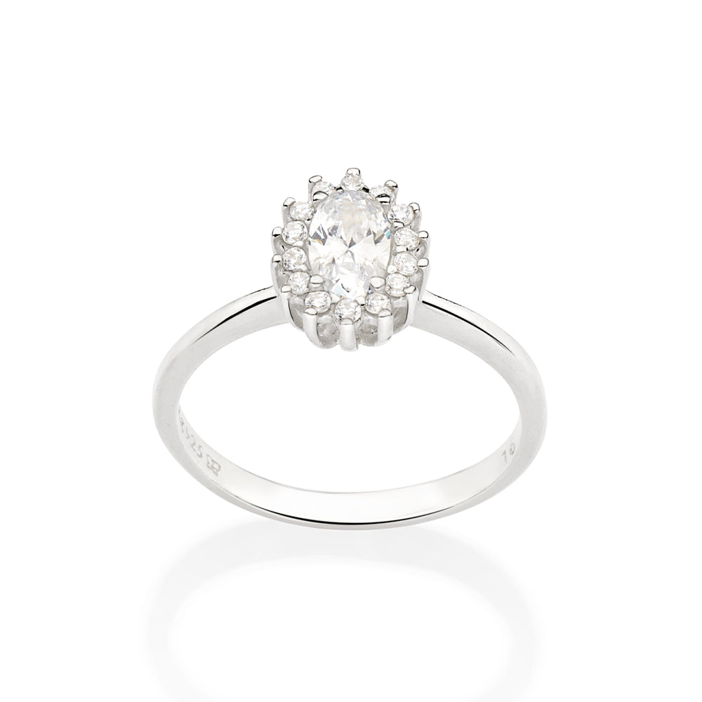 Anel Solitário Rommanel com Zircônia Oval e 14 Pedras Cravejadas em Prata – Design Elegante e Brilhante