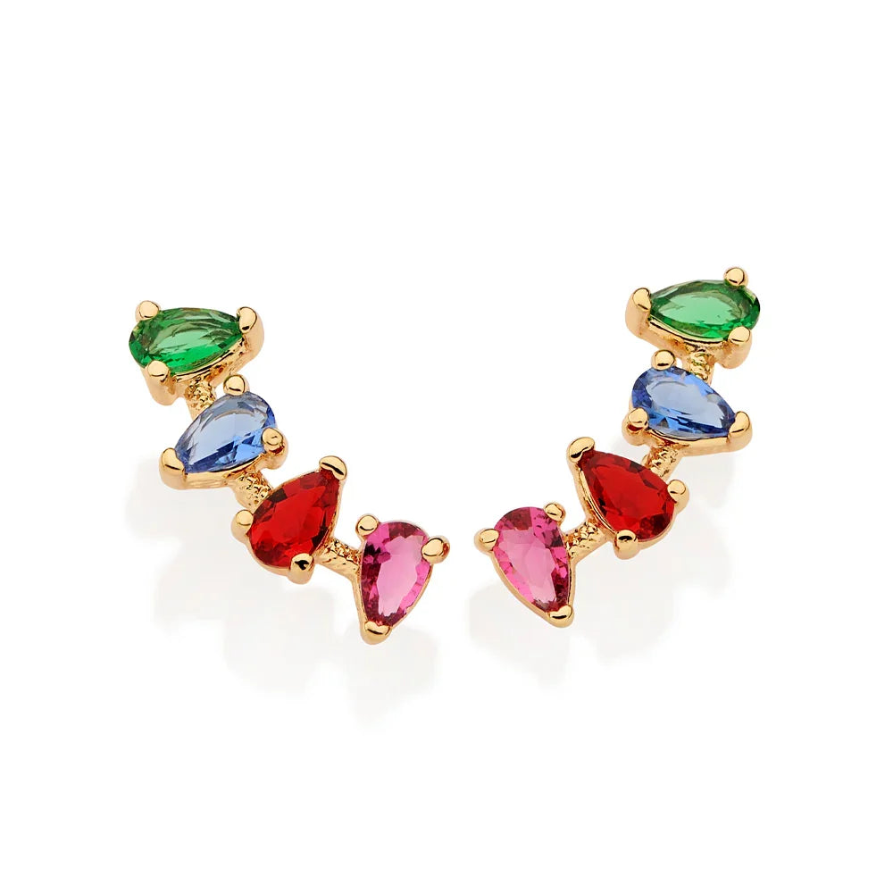 Brinco Curvado Rommanel com 8 Cristais Gota Coloridos em Ouro 18K – Design Elegante e Sofisticado - Joias Rommanel | YouBeauty - Brincos, Colares e Anéis com Frete Grátis