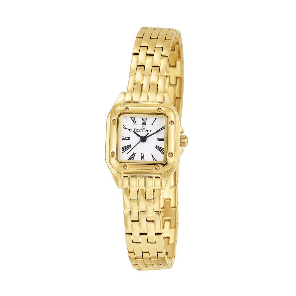 Relógio Analógico Social Rommanel com Caixa Quadrada em Metal Dourado – Mostrador Branco com Números Romanos