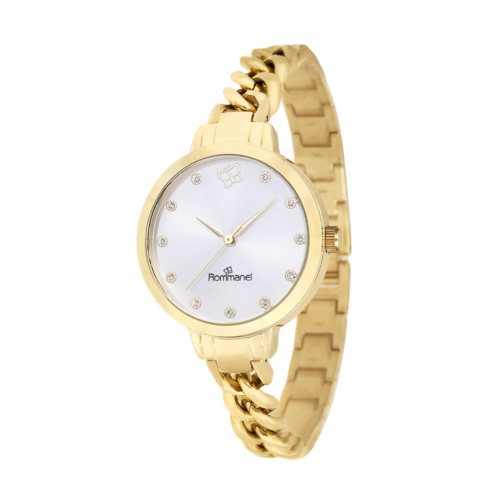 Relógio Analógico Social Rommanel com Cristais e Pulseira de Metal Dourado – Resistência à Água 50m