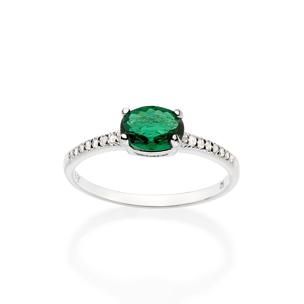 Anel Solitário Rommanel com Cristal Oval e 14 Zircônias Cravejadas em Prata – Design Elegante Branco com Verde