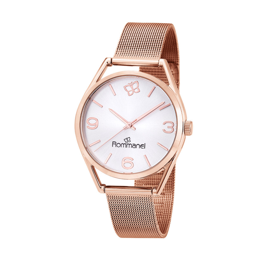 Relógio Social Rommanel com Caixa Redonda de Metal e Pulseira Aço Mesh – Mostrador Cinza Metálico com Detalhes Rosé