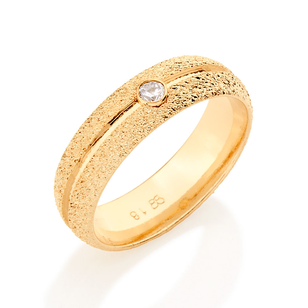 Aliança Craquelada Rommanel com Zircônia Redonda em Ouro 18K – Design Exclusivo e Sofisticado