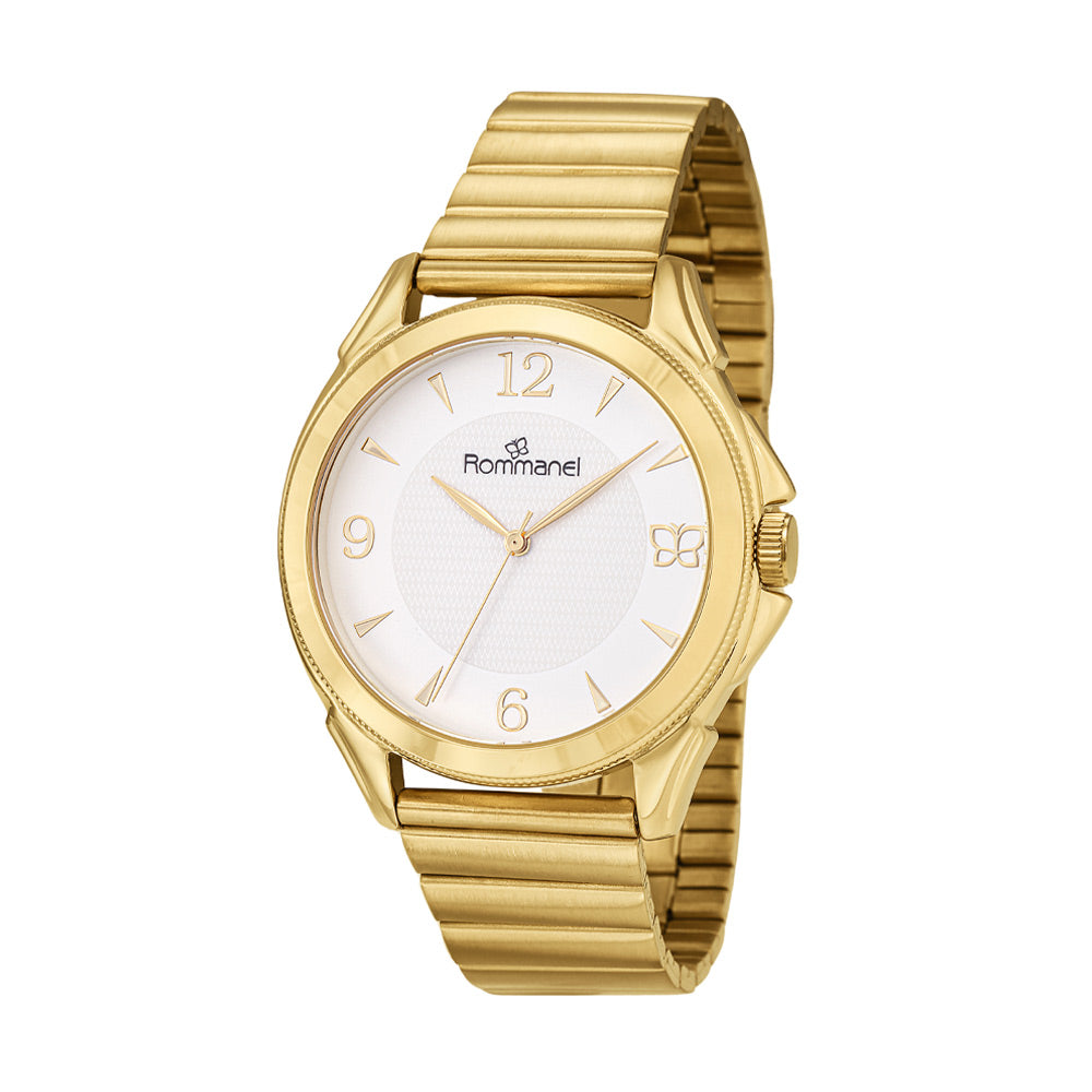 Relógio Analógico Social Rommanel com Caixa Redonda em Metal Dourado – Mostrador Branco com Borboleta