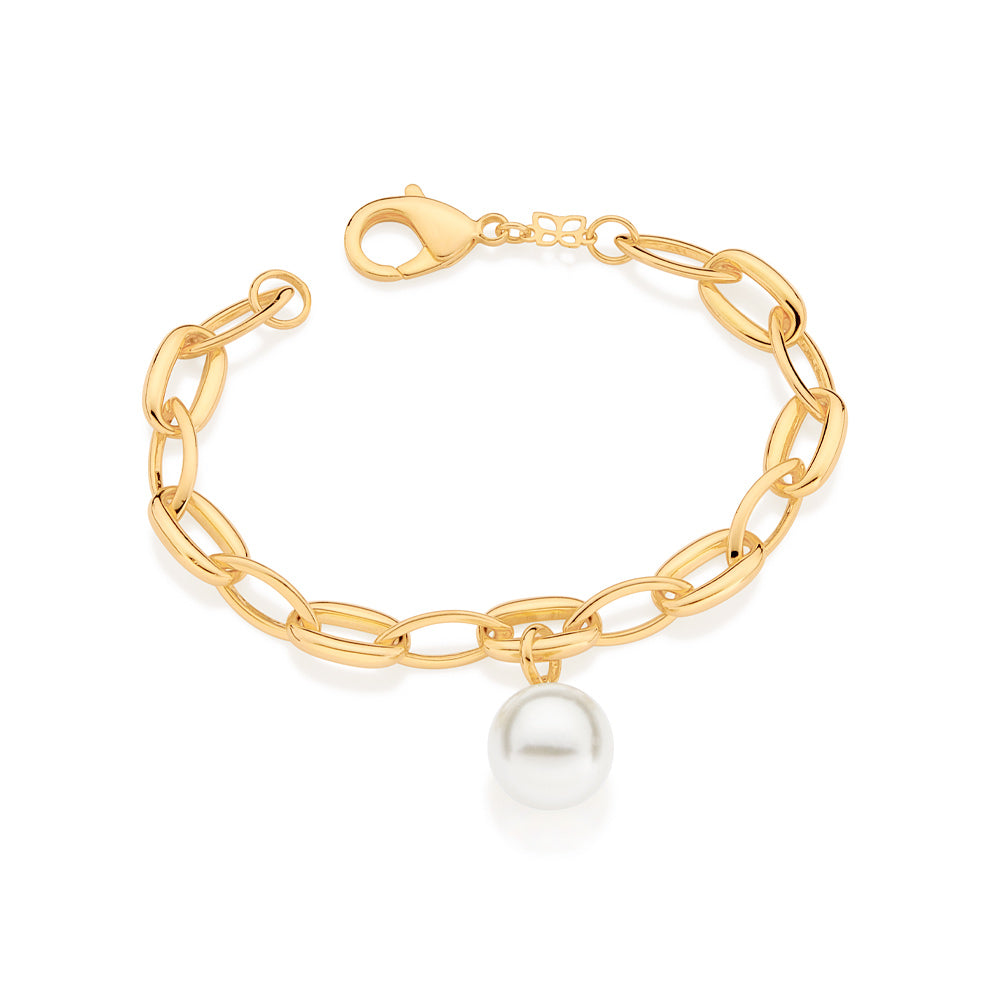 Pulseira Rommanel com Pérola Sintética 14mm em Ouro 18K – Corrente 1x1 com Elo Oval e Navete