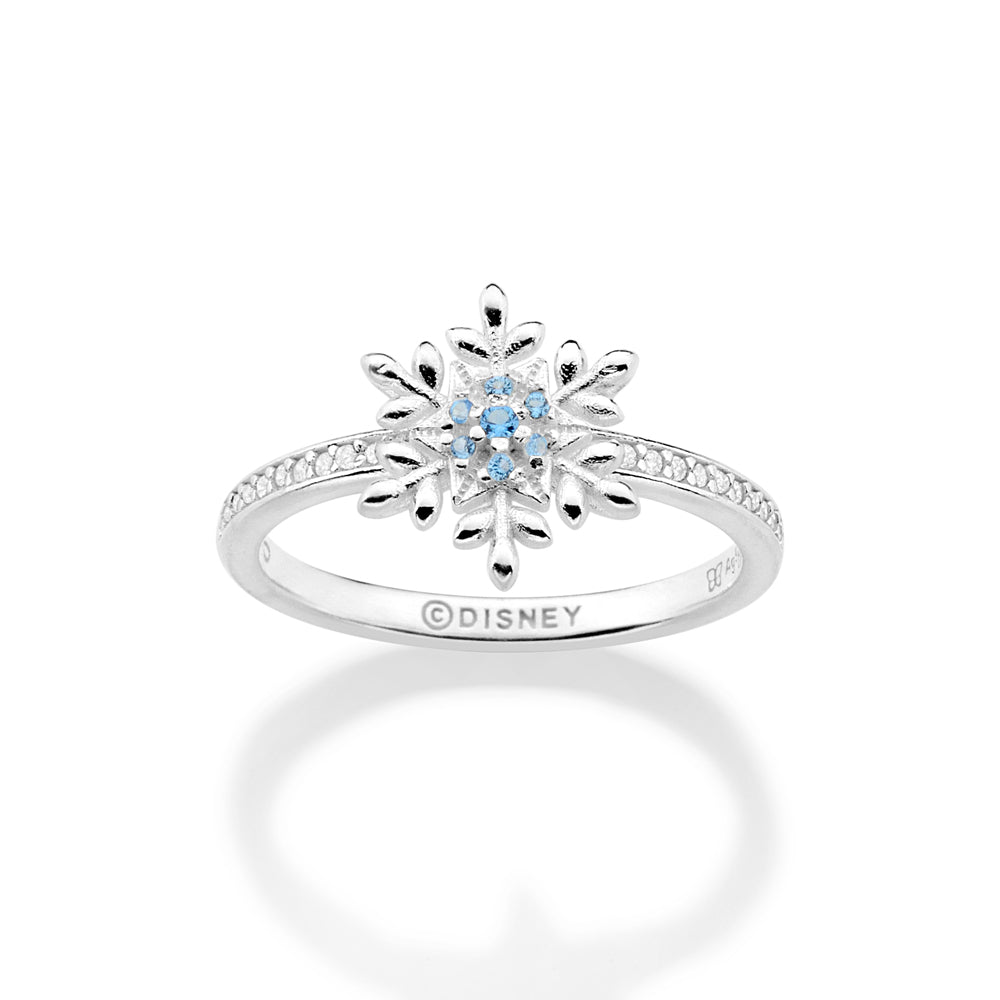 Anel Floco de Neve Rommanel com Zircônias Brancas e Azuis em Prata – Joia Licenciada Disney Frozen