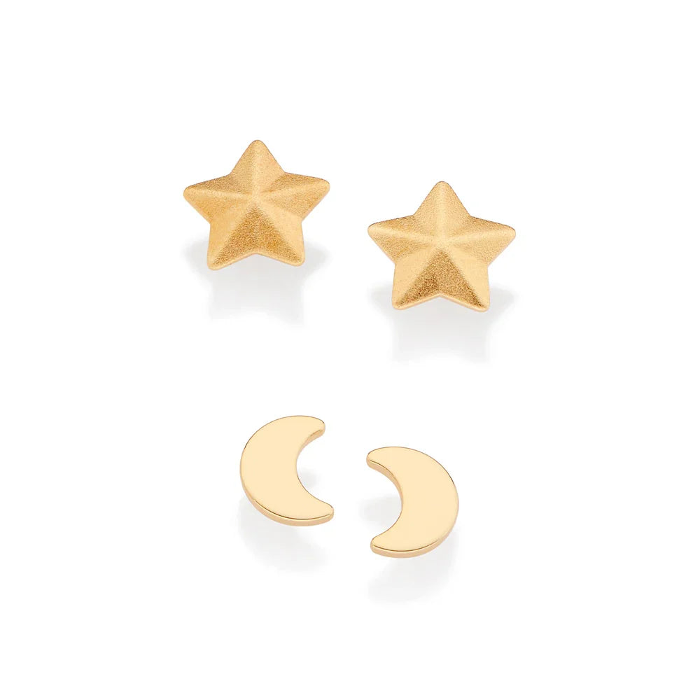 Kit Brinco Rommanel com Estrela Acetinada e Lua Lisa em Ouro 18K – Design Delicado e Sofisticado - Joias Rommanel | YouBeauty - Brincos, Colares e Anéis com Frete Grátis