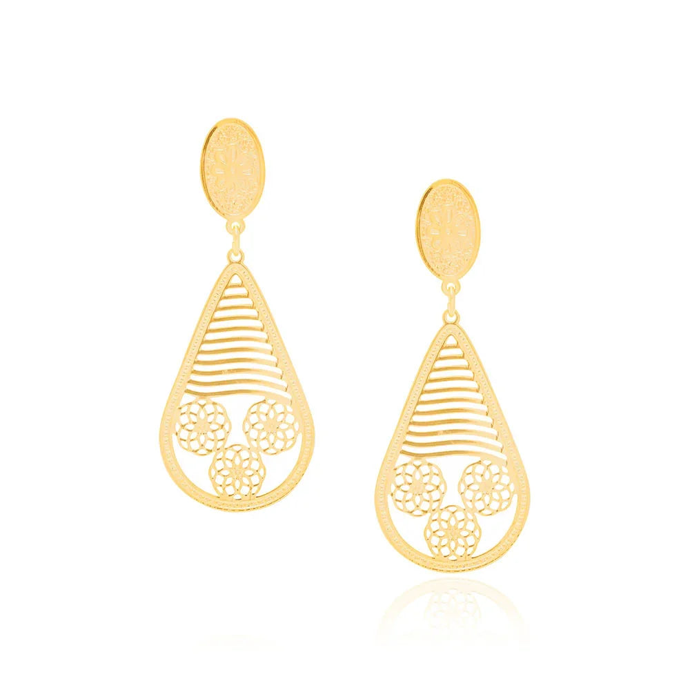 Brinco Oval com Gota e Flores Vazadas Rommanel Banhado a Ouro 18K – Design Elegante e Sofisticado - Joias Rommanel | YouBeauty - Brincos, Colares e Anéis com Frete Grátis