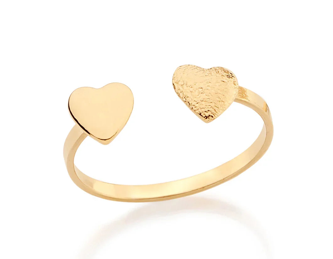 Anel Ajustável Rommanel para Falange com Dois Corações em Ouro 18K – Design Liso e Trabalhado - You Beauty