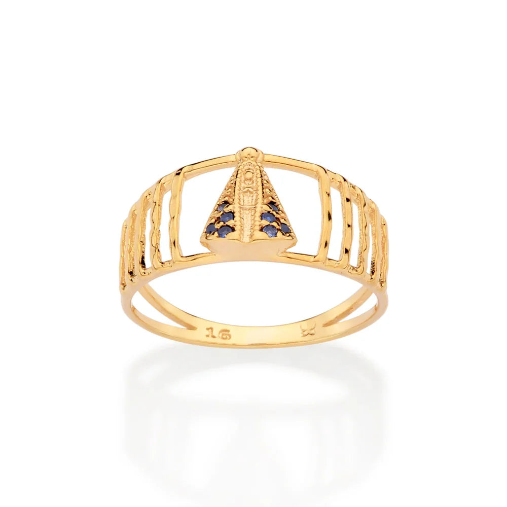 Anel Aro Duplo Rommanel Nossa Senhora Aparecida com Zircônias Azuis em Banho de Ouro 18K – Design Exclusivo e Sofisticado - Joias Rommanel | YouBeauty - Brincos, Colares e Anéis com Frete Grátis