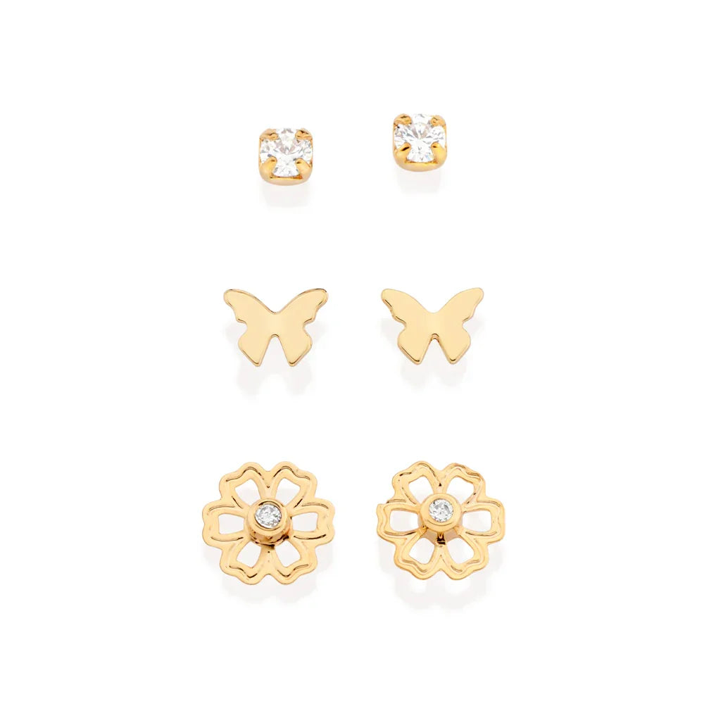 Kit Brinco Rommanel com Zircônia Borboleta, Flor e Solitário – Design Delicado em Ouro 18K - Joias Rommanel | YouBeauty - Brincos, Colares e Anéis com Frete Grátis