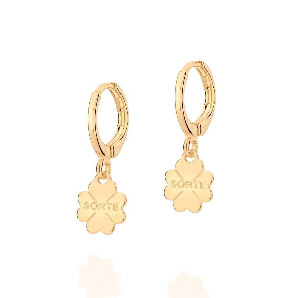 Brinco Argola Rommanel com Trevo e Escrita Sorte em Ouro 18K – Design Exclusivo e Delicado - Joias Rommanel | YouBeauty - Brincos, Colares e Anéis com Frete Grátis