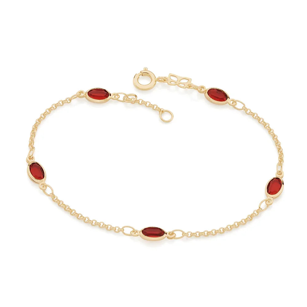 Pulseira Rommanel com Cristais Ovais Vermelhos em Fio Elo Português Banhada a Ouro 18K – Ajustável 19 cm - Joias Rommanel | YouBeauty - Brincos, Colares e Anéis com Frete Grátis