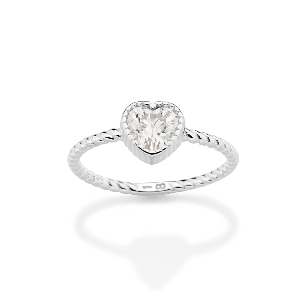 Anel Solitário Rommanel com Zircônia Coração 6x6 mm em Prata – Aro Torcido Elegante