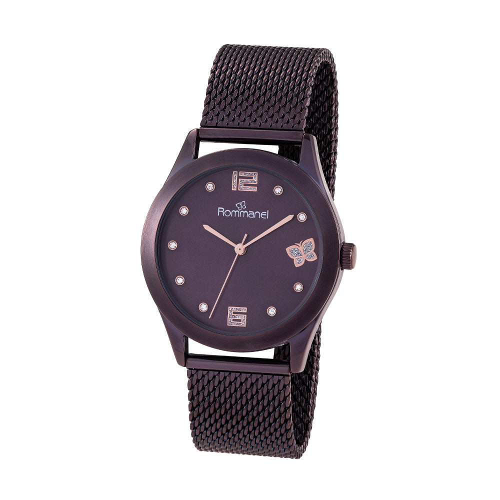 Relógio Analógico Social Rommanel em Metal Roxo com Borboleta Glitter – Pulseira Aço Mesh