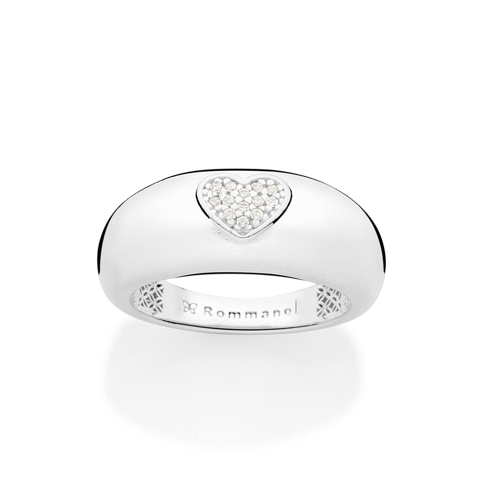 Anel Bombe Rommanel com Coração Cravejado de Zircônias em Prata Branca – Design Delicado e Brilhante