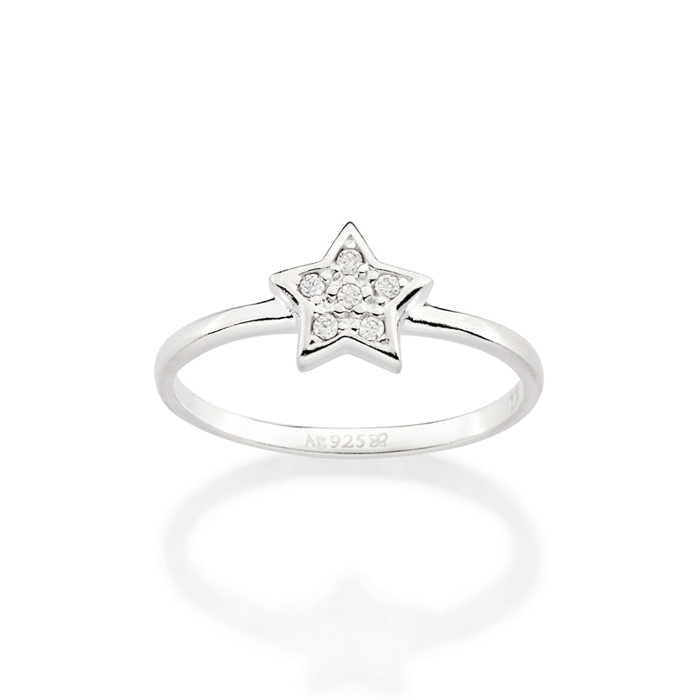Anel Skinny Rommanel com Estrela Cravejada de Zircônias em Prata Branca – Design Delicado e Elegante