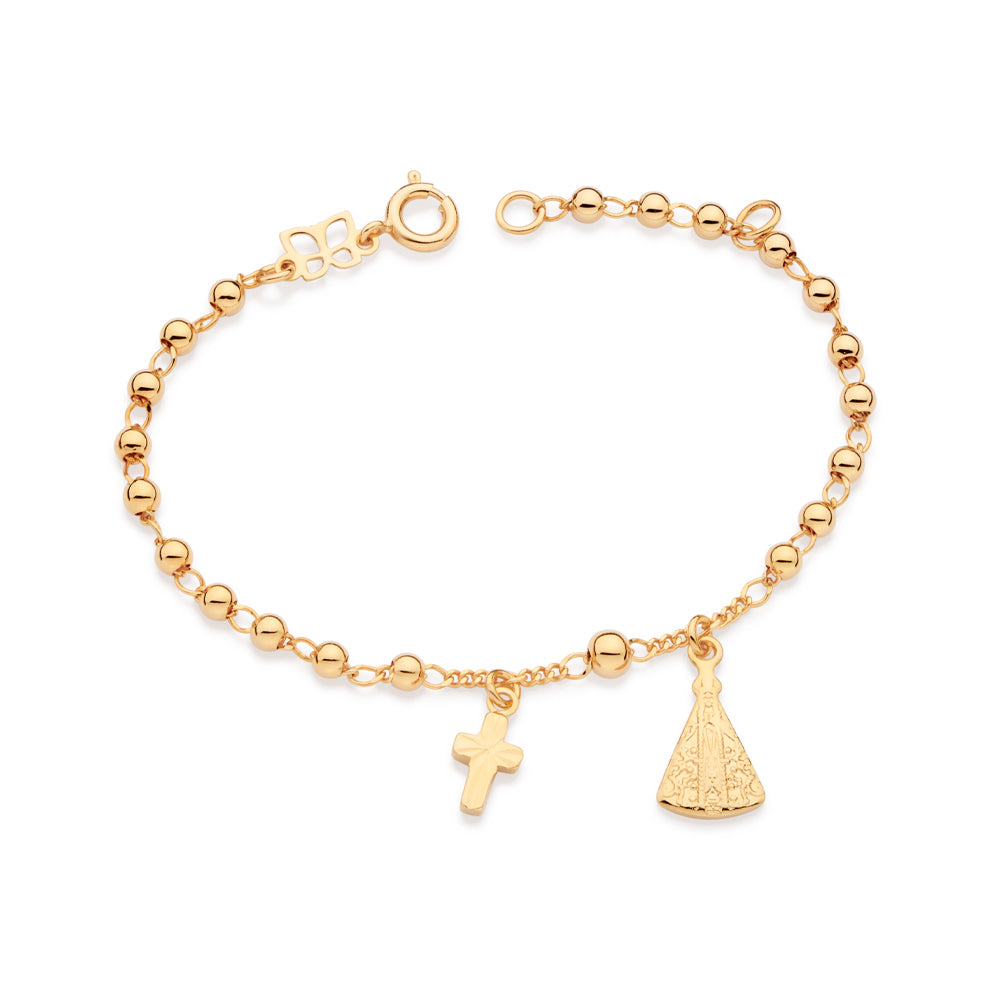 Pulseira Rommanel com Pingente Cruz e Nossa Senhora Aparecida em Ouro 18K – Esferas Delicadas 3mm e 4mm Ajustável