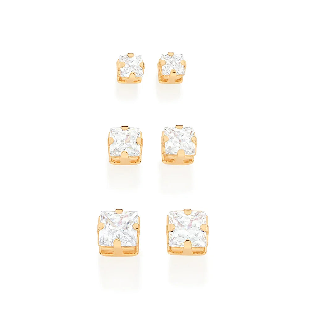 Kit Brinco Solitários Rommanel com Zircônias Quadradas em Ouro 18K – Três Tamanhos Delicados - Joias Rommanel | YouBeauty - Brincos, Colares e Anéis com Frete Grátis