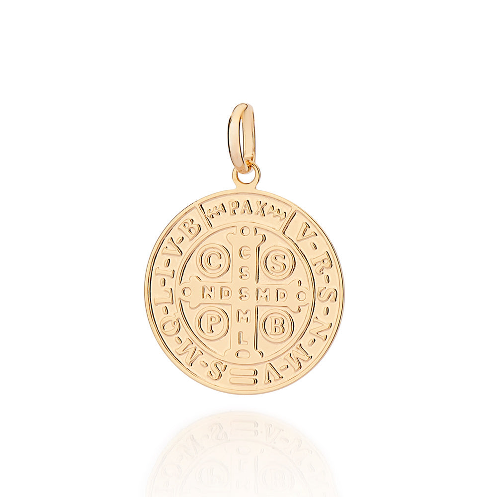Pingente Medalha Cruz de São Bento Rommanel Banhado a Ouro 18K – Oração no Verso