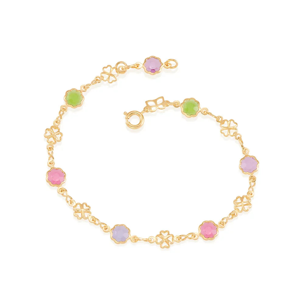 Pulseira Rommanel com Flores Coloridas e Trevo Vazado em Banho Ouro 18K – Design Ajustável e Delicado - Joias Rommanel | YouBeauty - Brincos, Colares e Anéis com Frete Grátis