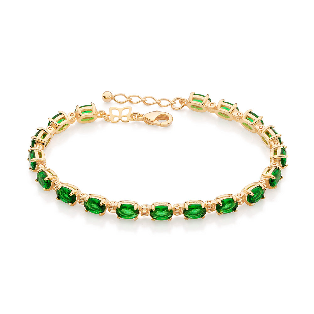 Pulseira Rommanel com 18 Cristais Ovais Verdes em Banho Ouro 18K – Design Ajustável e Sofisticado